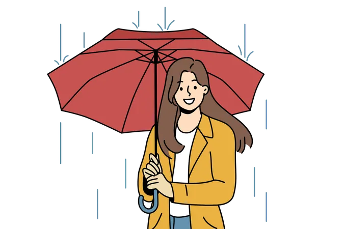 La chica está parada bajo el paraguas en temporada de lluvias  Ilustración