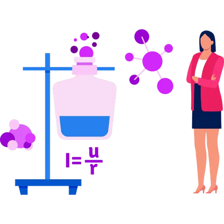 La chica está parada cerca del puesto de experimentos  Ilustración