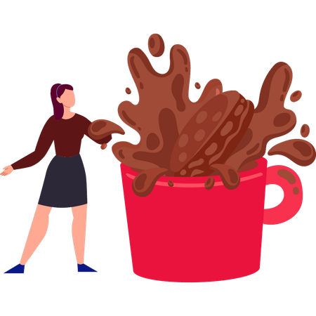 La chica está parada junto a una taza de chocolate.  Ilustración