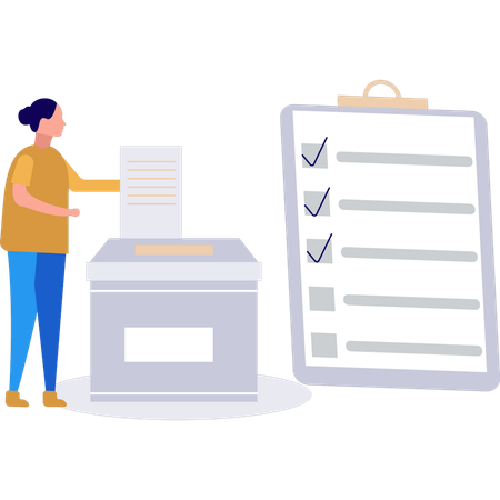 La chica está poniendo su voto en la casilla.  Ilustración
