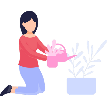 La chica está regando las plantas.  Ilustración