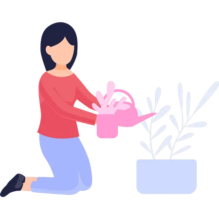 La chica está regando las plantas.  Ilustración