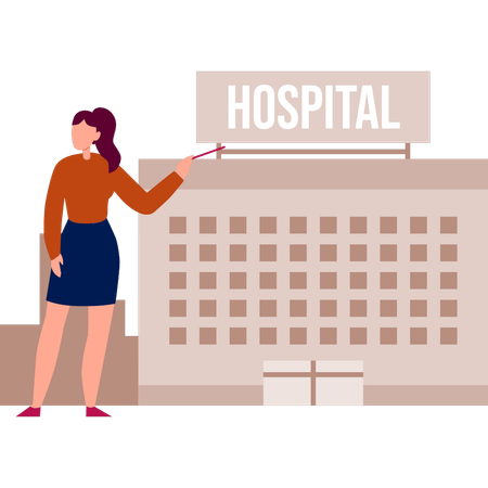 La chica señala el edificio del hospital.  Ilustración