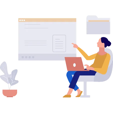 La chica señala el documento de la página web en la computadora portátil  Ilustración