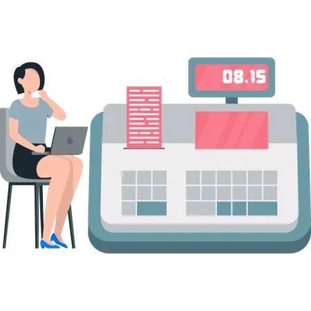 La muchacha está sentada al lado de la máquina EDC  Ilustración