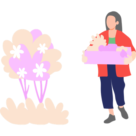 La niña sostiene la bandeja de flores.  Illustration