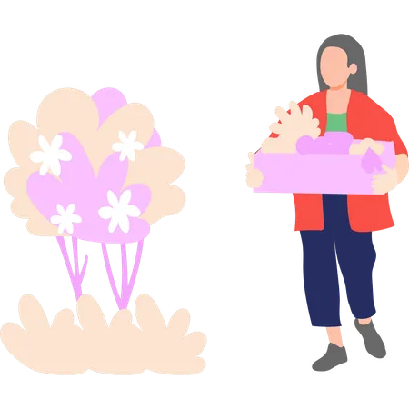 La niña sostiene la bandeja de flores.  Illustration