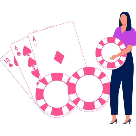 La muchacha sostiene una ficha de casino para apostar  Ilustración