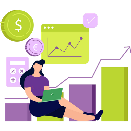 La chica está trabajando en el gráfico del dólar.  Ilustración