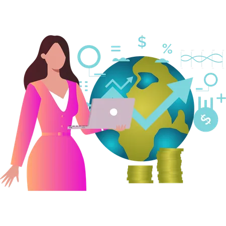 Chica estudiando gráfico financiero global en la computadora portátil  Ilustración