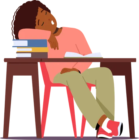 Chica estudiante agotada duerme en el escritorio  Ilustración