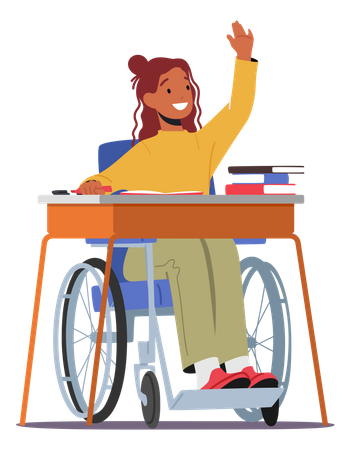 Estudiante discapacitada sentada en un banco de la escuela  Ilustración