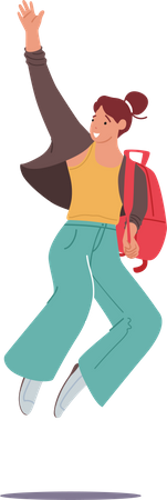 Chica estudiante feliz saltando con mochila  Ilustración