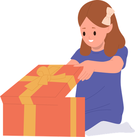 Niña feliz abriendo caja de regalo  Ilustración