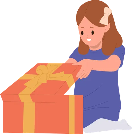 Niña feliz abriendo caja de regalo  Ilustración