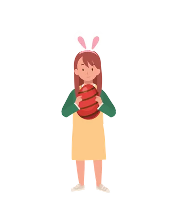 Una chica feliz con orejas de conejo sostiene un gran huevo de Pascua  Ilustración