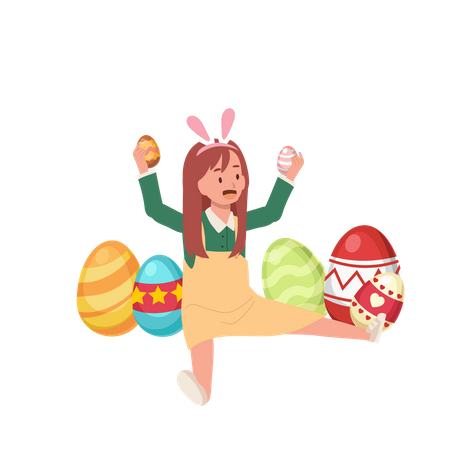 Una niña feliz con orejas de conejo sostiene un huevo de Pascua con ambas manos mientras la rodea con otros huevos de Pascua  Ilustración