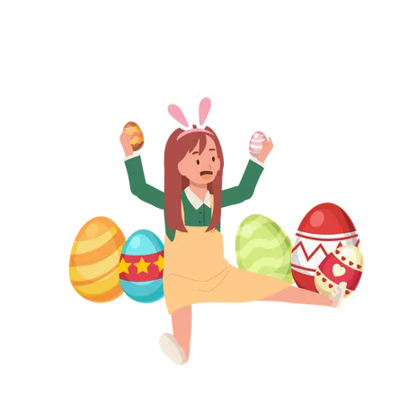 Una niña feliz con orejas de conejo sostiene un huevo de Pascua con ambas manos mientras la rodea con otros huevos de Pascua  Ilustración