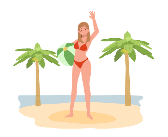 Chica feliz en bikini sosteniendo una pelota de playa en la playa  Ilustración