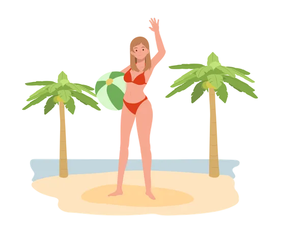 Tema De Vacaciones De Verano En La Playa Chica En Bikini Sosteniendo Una Pelota De Playa En La Playa Fondo Con Mar Cocoteros Ilustracion De Vector Plano Ilustración