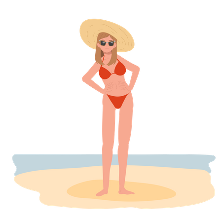 Chica feliz en bikini y gafas de sol en la playa  Ilustración