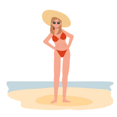 Tema De Vacaciones De Verano En La Playa Chica Feliz En Bikini Y Gafas De Sol En La Playa Ilustracion Vectorial Plana Ilustración