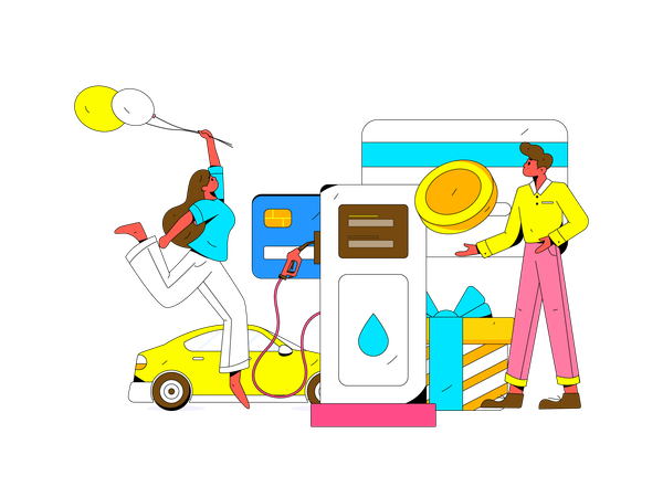 Chica feliz en la gasolinera  Ilustración