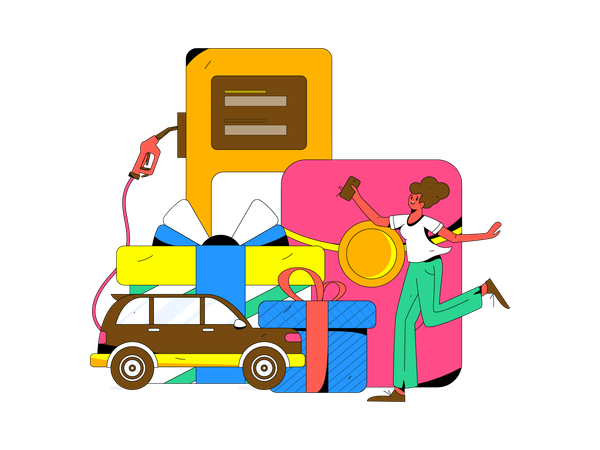 Chica feliz en la gasolinera  Ilustración