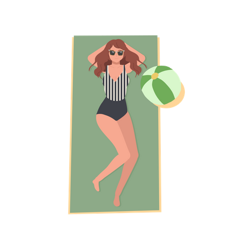 Chica feliz en traje de baño en la playa está tumbada y tomando el sol  Ilustración