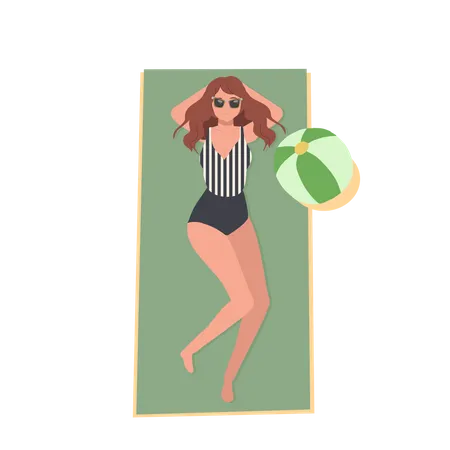 Tema De Vacaciones De Verano En La Playa Una Chica Feliz En Traje De Bano En La Playa Se Tumba Y Toma El Sol Ilustracion De Vector Plano Ilustración