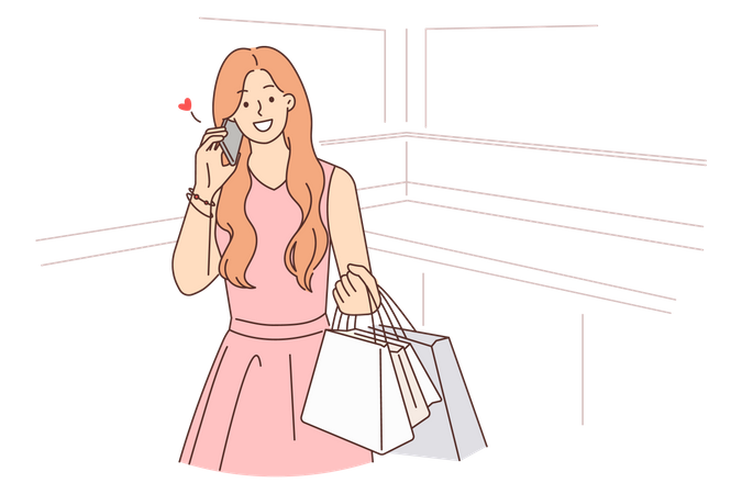 Chica feliz hablando por móvil y sosteniendo bolsas de compras  Ilustración