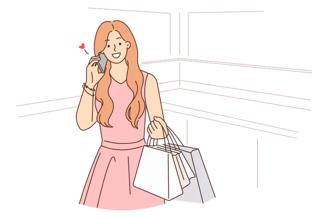 Chica feliz hablando por móvil y sosteniendo bolsas de compras  Ilustración