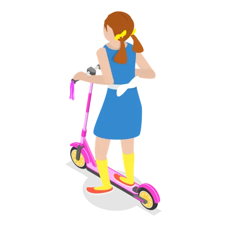 Niña feliz montando scooter  Ilustración