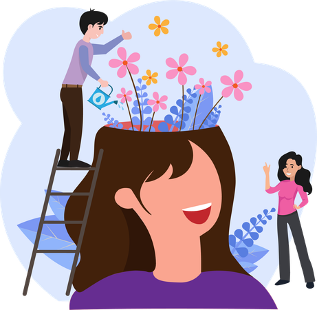 Chica feliz con gran salud mental y estado de ánimo positivo, hombre pequeño regando flores dentro de la cabeza de la mujer, para psicología, genio, crecimiento, desarrollo, concepto de inteligencia  Ilustración