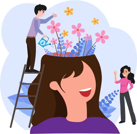 Chica feliz con gran salud mental y estado de ánimo positivo, hombre pequeño regando flores dentro de la cabeza de la mujer, para psicología, genio, crecimiento, desarrollo, concepto de inteligencia  Ilustración