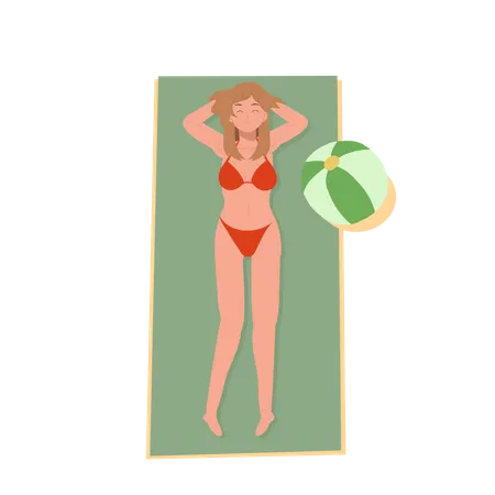 Tema De Vacaciones De Verano En La Playa Una Chica Feliz En Bikini En La Playa Se Tumba Y Toma El Sol Ilustracion De Vector Plano Ilustración
