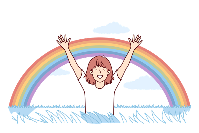 Niña feliz observa cómo apareció el arco iris en el cielo después de la lluvia  Ilustración