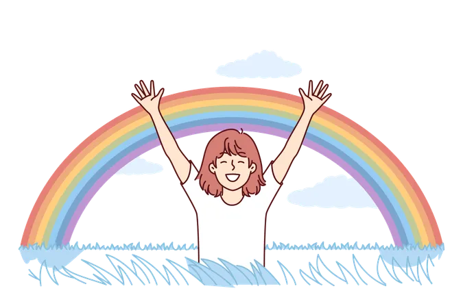 Niña feliz observa cómo apareció el arco iris en el cielo después de la lluvia  Ilustración