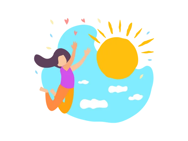 Chica feliz saltando con sol brillando cielo azul con nubes  Ilustración