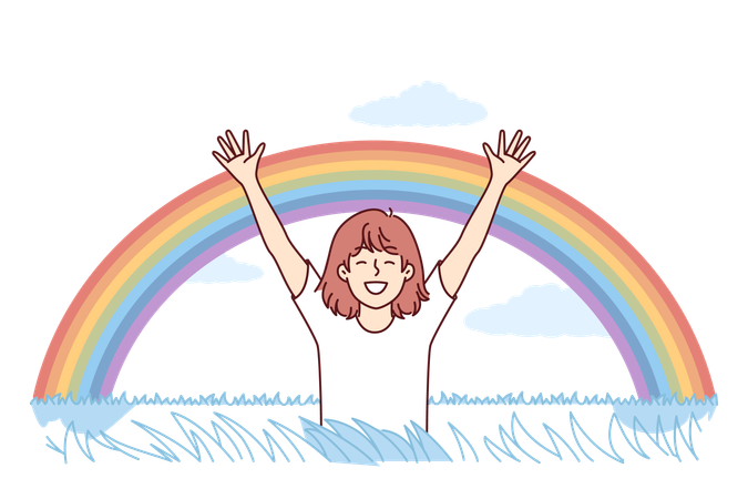 Niña feliz se regocija ante el arco iris que apareció en el cielo después de la lluvia  Ilustración
