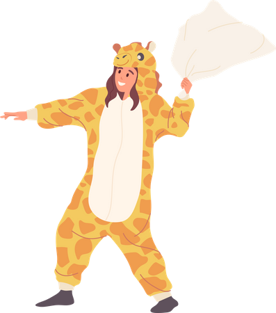 Feliz sonriente niña vestida con traje de jirafa y pelea de almohadas  Ilustración