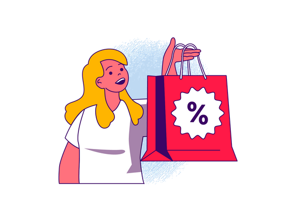 Chica feliz sosteniendo bolsa de compras  Ilustración