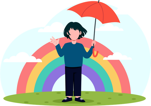 Niña feliz sosteniendo paraguas  Ilustración