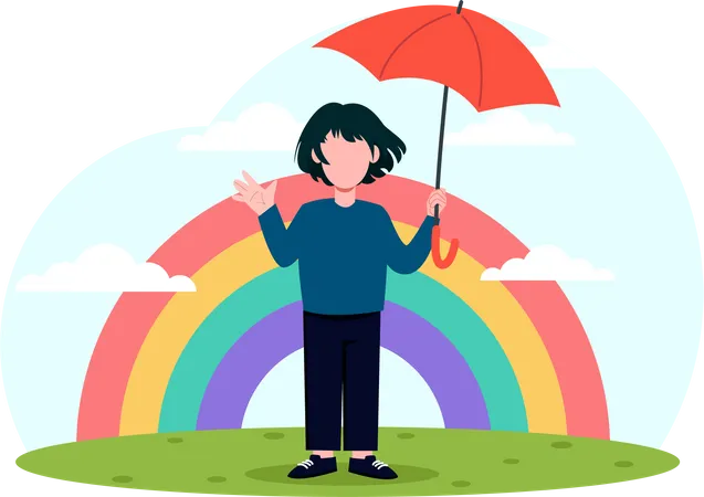 Niña feliz sosteniendo paraguas  Ilustración
