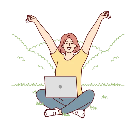 Chica feliz sosteniendo la computadora portátil  Ilustración