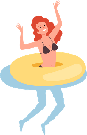 Chica flotando en natación con anillo  Ilustración