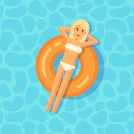 Niña flotando en un aro salvavidas en una piscina  Ilustración