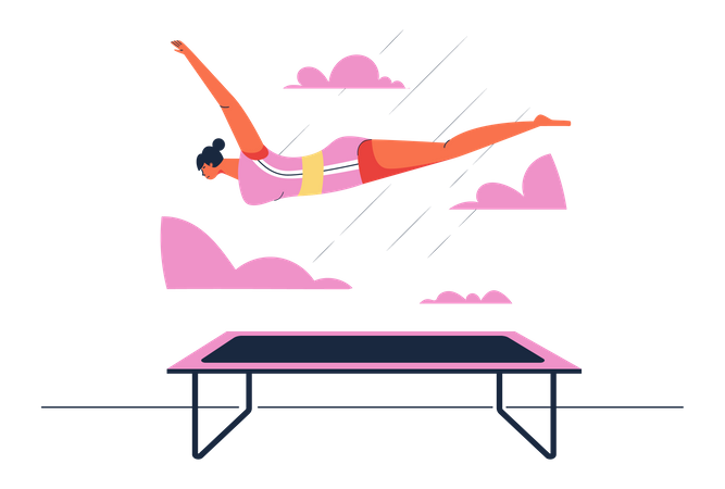 Chica gimnasta con pose de vuelo en el aire después de usar una tabla de resortes  Ilustración
