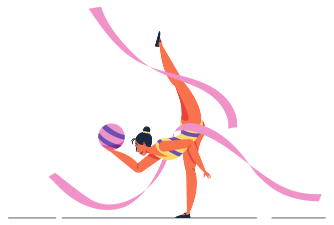 Niña gimnasta realizando elementos de gimnasia rítmica con pelota y cinta  Ilustración