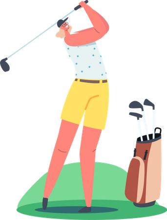 Chica golfista entrenando antes de la competición  Ilustración